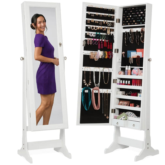 2-in-1 White Freestanding Mirror / Jewelry Organizer Armoire Cabinet with storage for necklaces, rings, earrings, and more.
