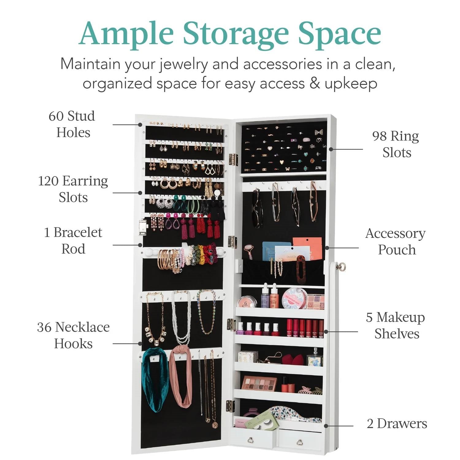 Interior view of 2-in-1 White Freestanding Mirror / Jewelry Organizer Armoire Cabinet showing ample storage space and organized compartments.