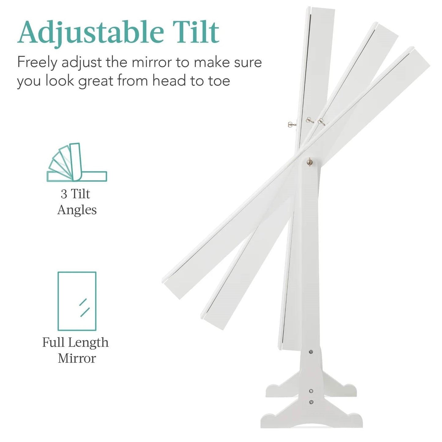 Adjustable tilt feature of the 2-in-1 White Freestanding Mirror / Jewelry Organizer Armoire Cabinet showcasing tilt angles.