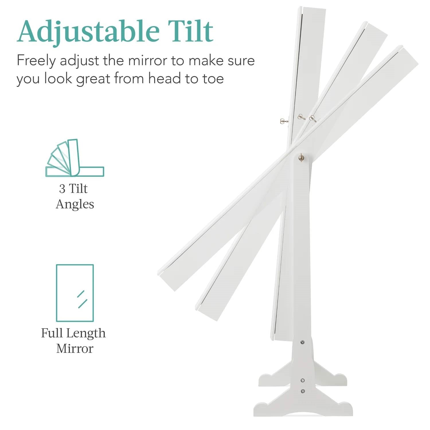 Adjustable tilt feature of the 2-in-1 White Freestanding Mirror / Jewelry Organizer Armoire Cabinet showcasing tilt angles.