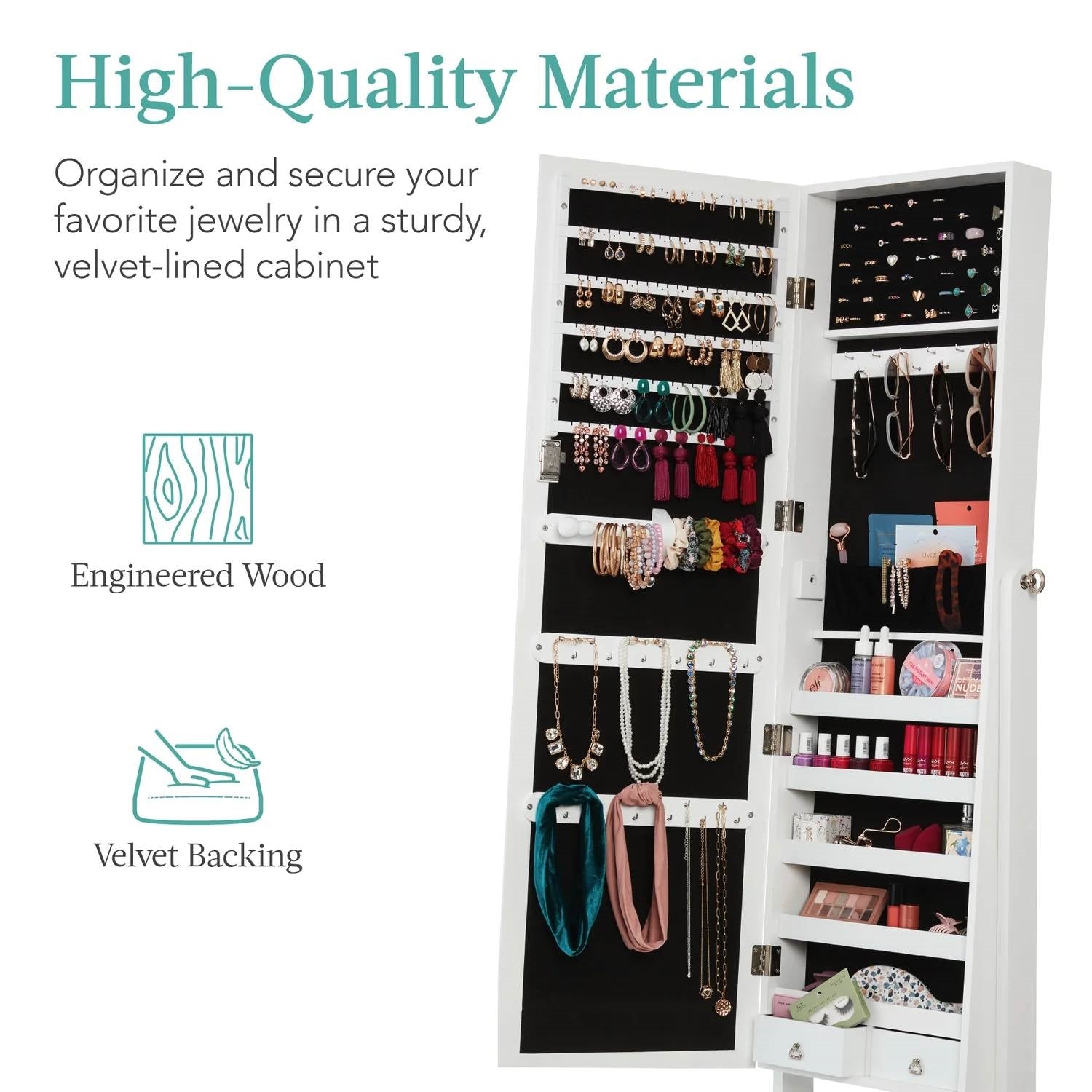2-in-1 White Freestanding Mirror / Jewelry Organizer Armoire Cabinet with storage for necklaces, rings, earrings, and bracelets.