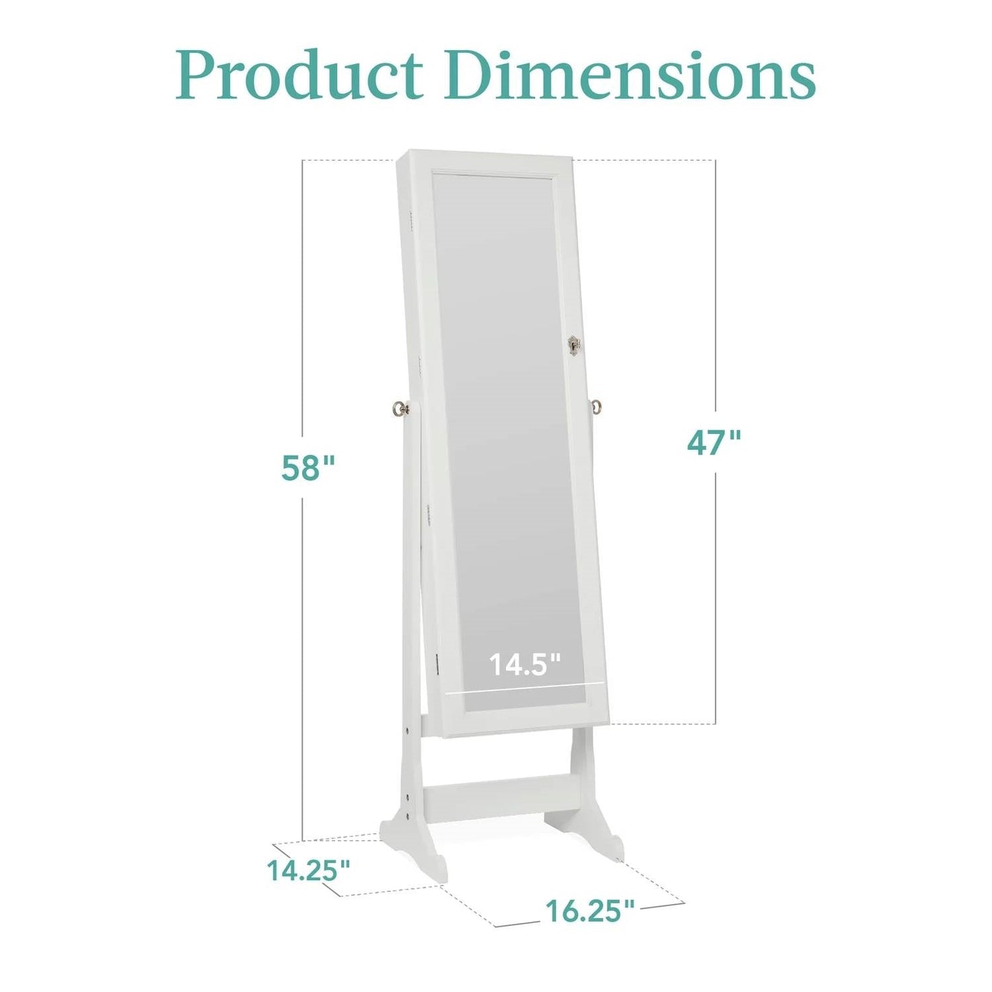 Dimensions of the 2-in-1 White Freestanding Mirror / Jewelry Organizer Armoire Cabinet displaying height and width measurements