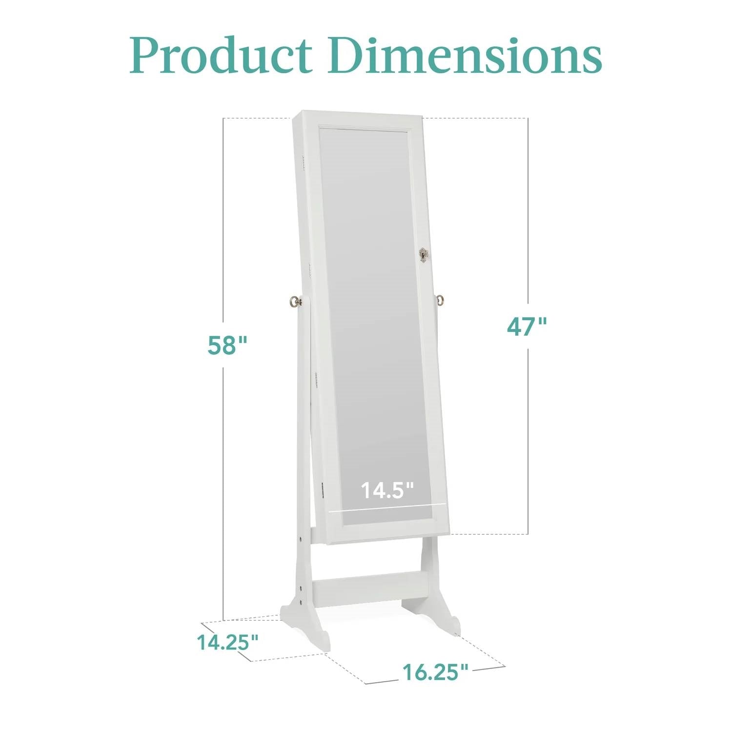 Dimensions of the 2-in-1 White Freestanding Mirror / Jewelry Organizer Armoire Cabinet displaying height and width measurements
