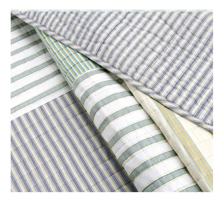 Full/Queen Size Soft Reversible Patches 100% Cotton Quilt Set with striped patterns in green, yellow, blue patchwork design