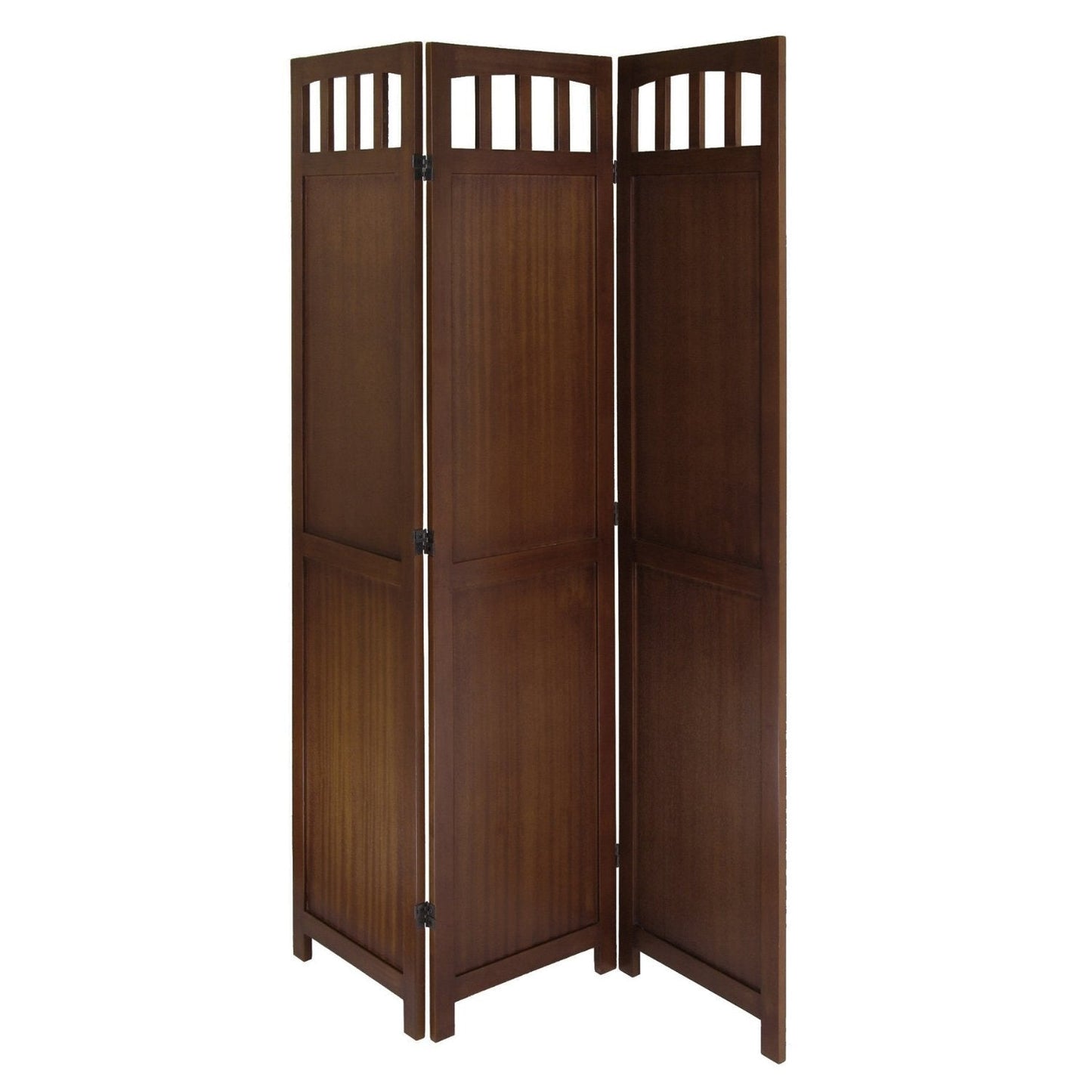 3-Panel Wooden Folding Room Divider Screen in Walnut Finish with antique design, great for privacy or as a photo display.