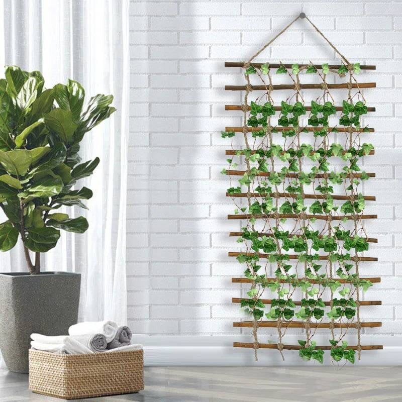 Indoor Outdoor Wall Hanging Willow Wood and Jute Garden Trellis with artificial plants on patio