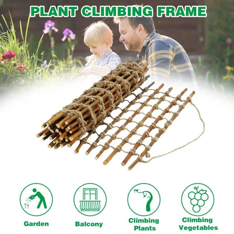 Indoor Outdoor Wall Hanging Willow Wood and Jute Garden Trellis for climbing plants, patio or garden décor, with kid and father in background