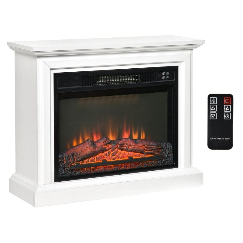 31 inch White Electric Fireplace Heater Dimmable Flame Effect and Mantel w/ Remote Control showcasing realistic burning logs