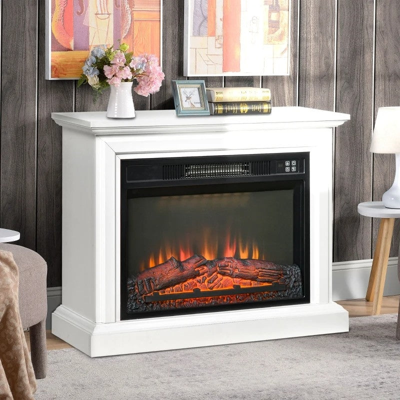 31 inch White Electric Fireplace Heater Dimmable Flame Effect and Mantel w/ Remote Control, featuring realistic flame and logs