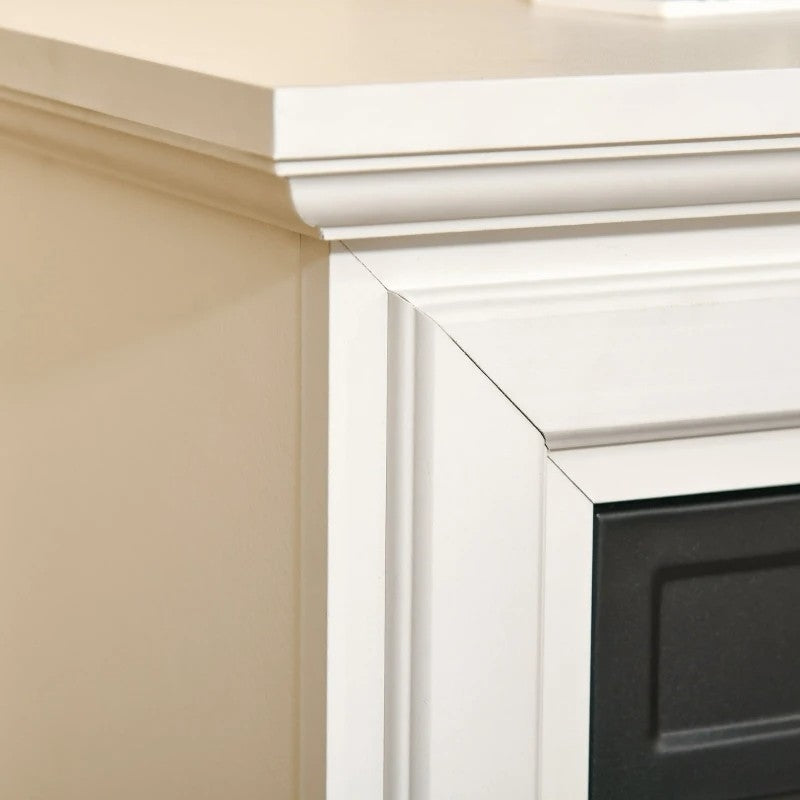 Detail view of 31 inch White Electric Fireplace Heater Dimmable Flame Effect and Mantel with corner mantel frame
