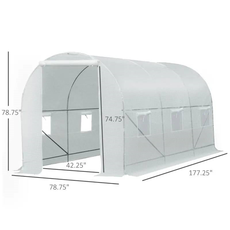 14.7 Ft x 6.5 Ft Outdoor Greenhouse w/ Heavy Duty Steel Frame and White PE Cover for plant protection and UV resistance.