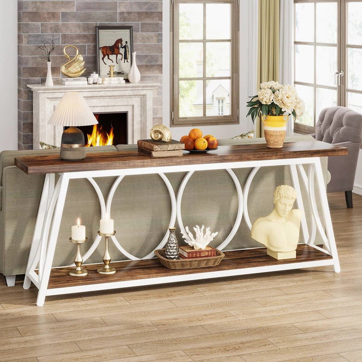 Industrial 70-inch Brown Wood Top Sofa Table with Heavy Duty White Metal Frame in living room setting, styled with decor items.