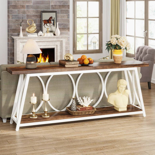 Industrial 70-inch Brown Wood Top Sofa Table with Heavy Duty White Metal Frame in living room setting, styled with decor items.