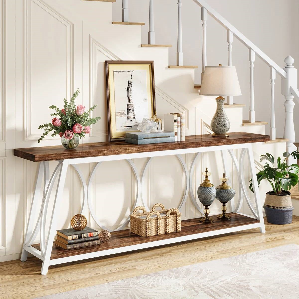 Industrial 70-inch Brown Wood Top Sofa Table with Heavy Duty White Metal Frame in stylish home setting.