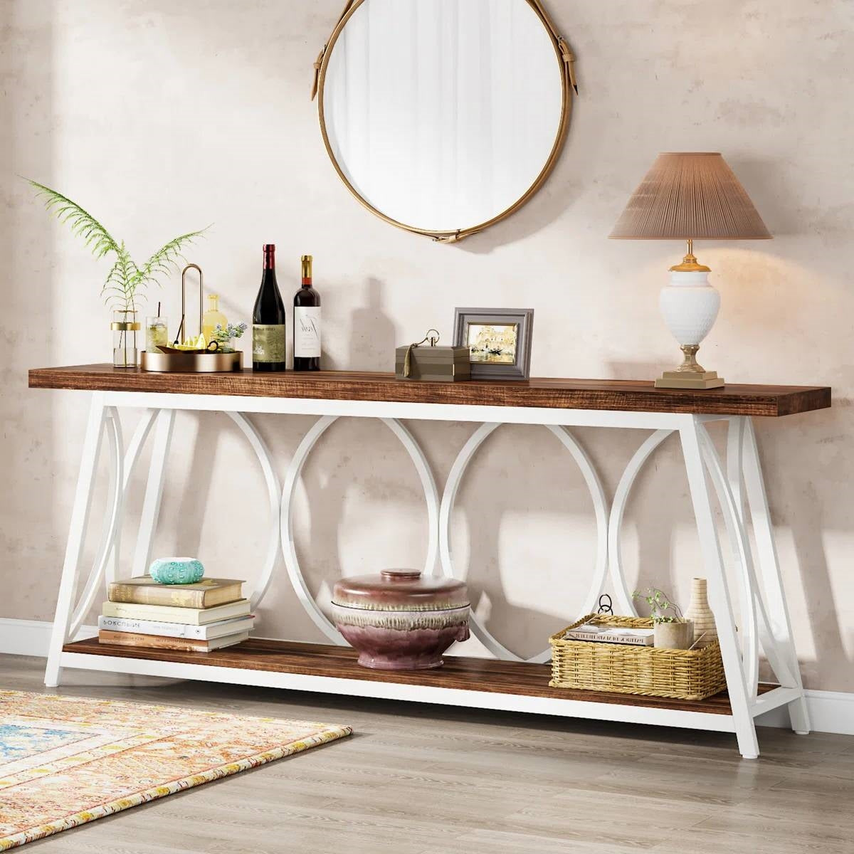 Industrial 70-inch Brown Wood Top Sofa Table with Heavy Duty White Metal Frame styled with decor items