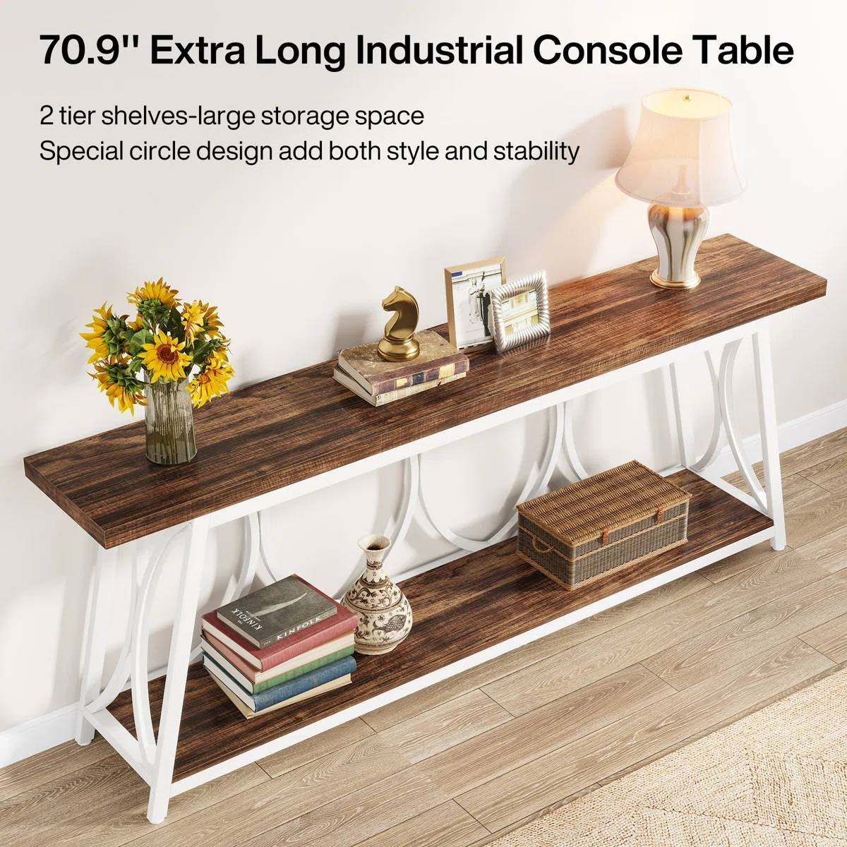 Industrial 70-inch Brown Wood Top Sofa Table with Heavy Duty White Metal Frame featuring decor and storage items.