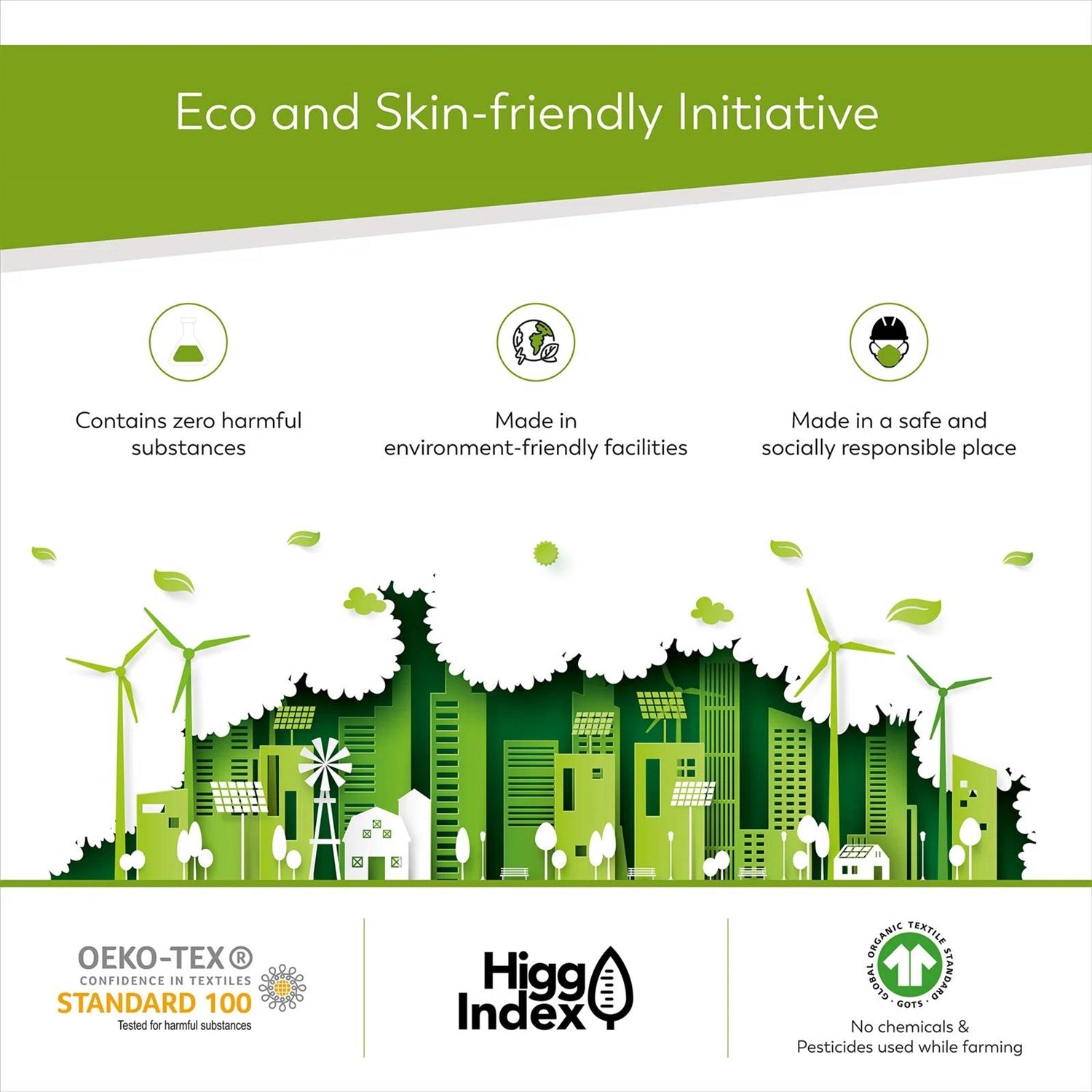 Eco-friendly and skin-friendly initiative with Oeko-Tex Standard 100 and Higg Index certifications highlighting sustainable practices.