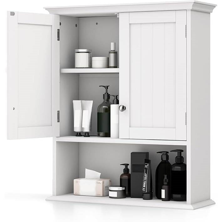 Wall Mounted Bathroom Medicine Cabinet with Open Storage Shelf in White with towel bar and plantation shutter doors, accessories inside