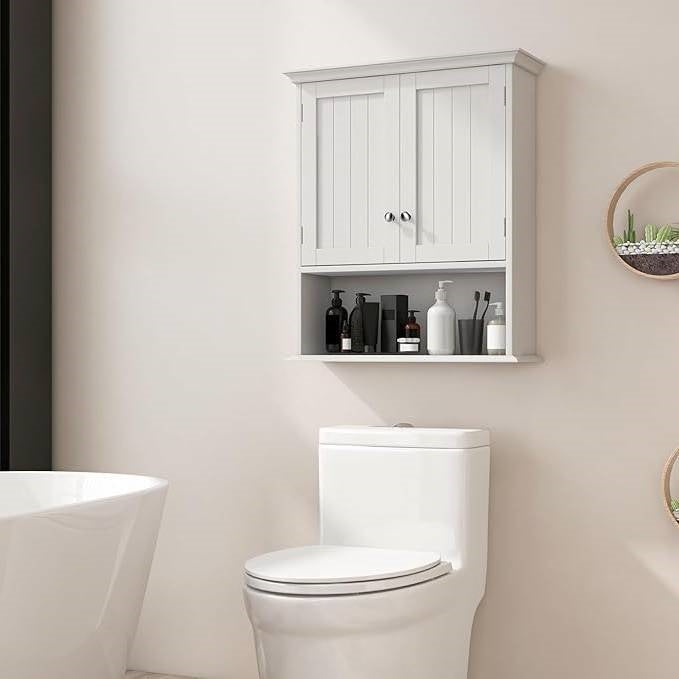 Wall Mounted Bathroom Medicine Cabinet with Open Storage Shelf in White above a toilet, featuring louver doors and a towel bar.
