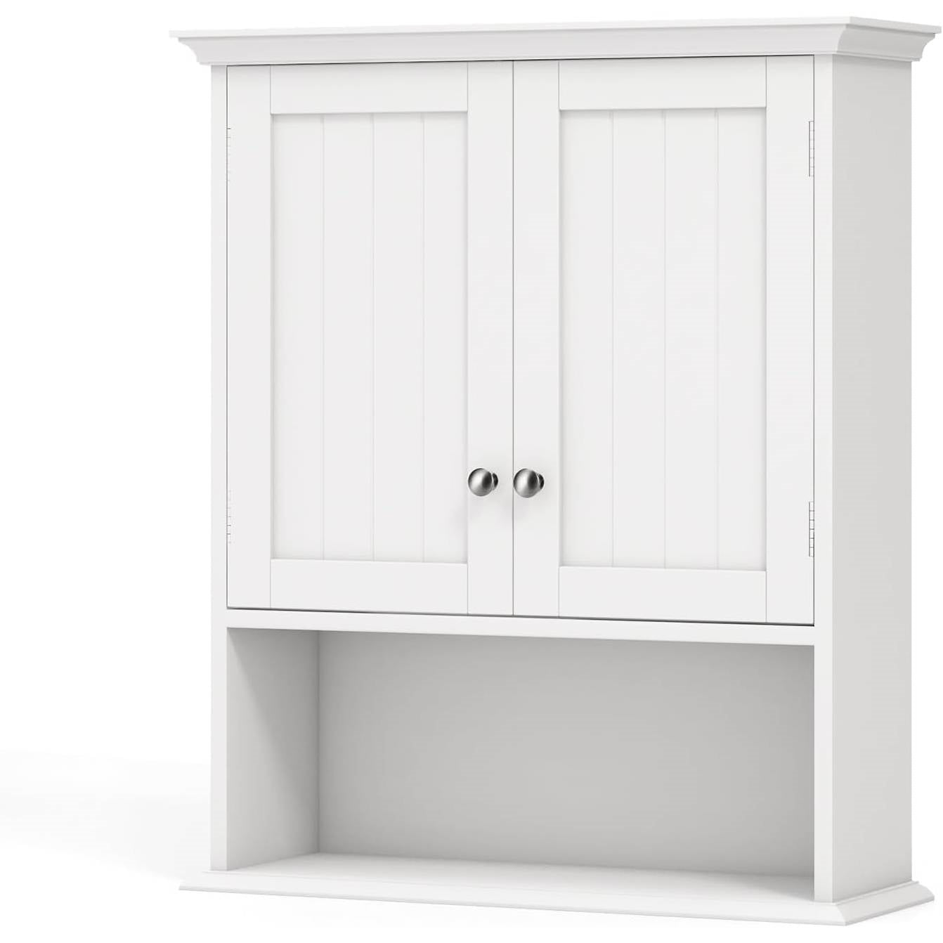Wall Mounted Bathroom Medicine Cabinet with Open Storage Shelf in White with louver doors and towel bar