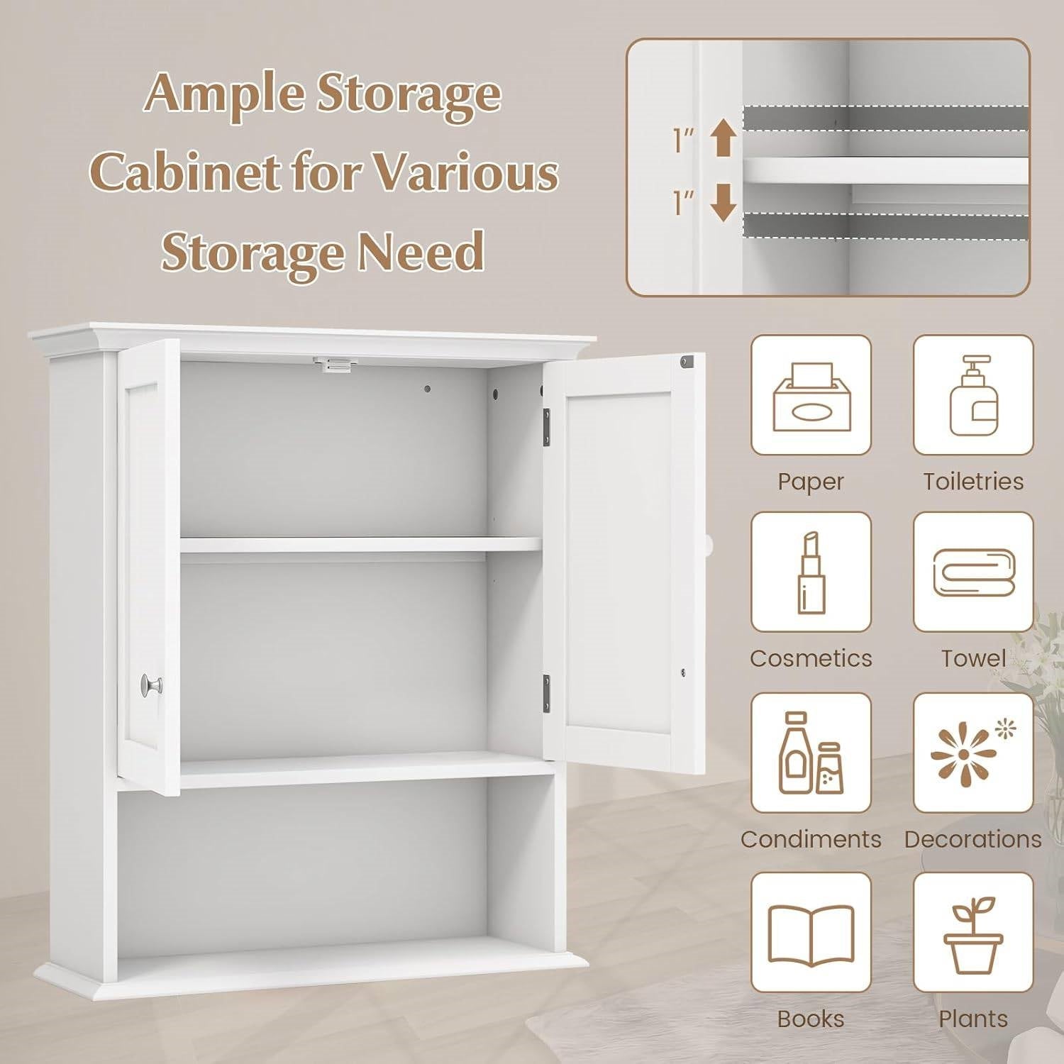 Wall Mounted Bathroom Medicine Cabinet with Open Storage Shelf in White featuring ample storage, louver doors, and towel bar.