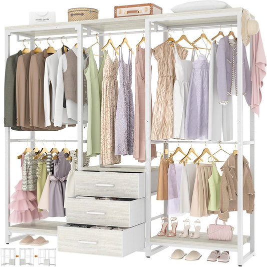 Heavy Duty White Metal Freestanding Garment Rack Closet Wardrobe with 3 Drawers featuring hanging clothes, fabric drawers, and shoe rack