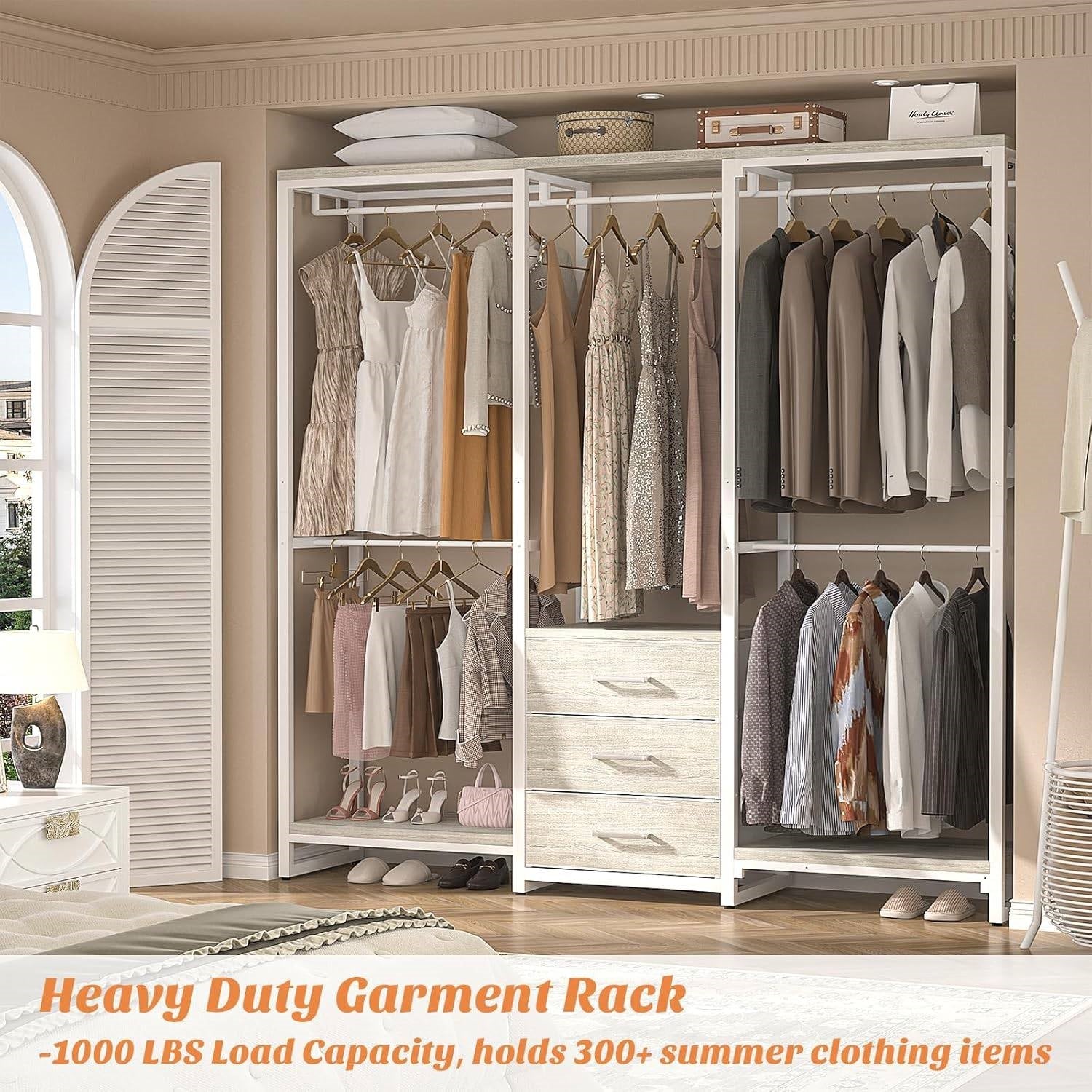 Heavy Duty White Metal Freestanding Garment Rack Closet Wardrobe with 3 Drawers in a modern bedroom setup.