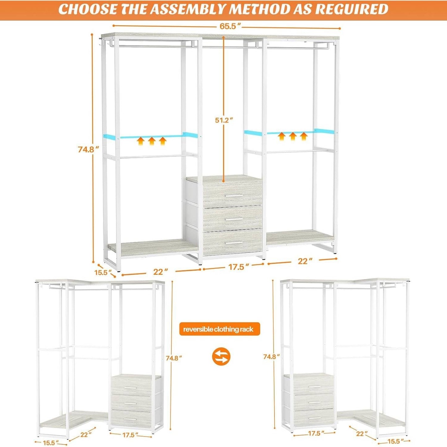 Heavy Duty White Metal Freestanding Garment Rack Closet Wardrobe with 3 Drawers showing dimensions and assembly options.