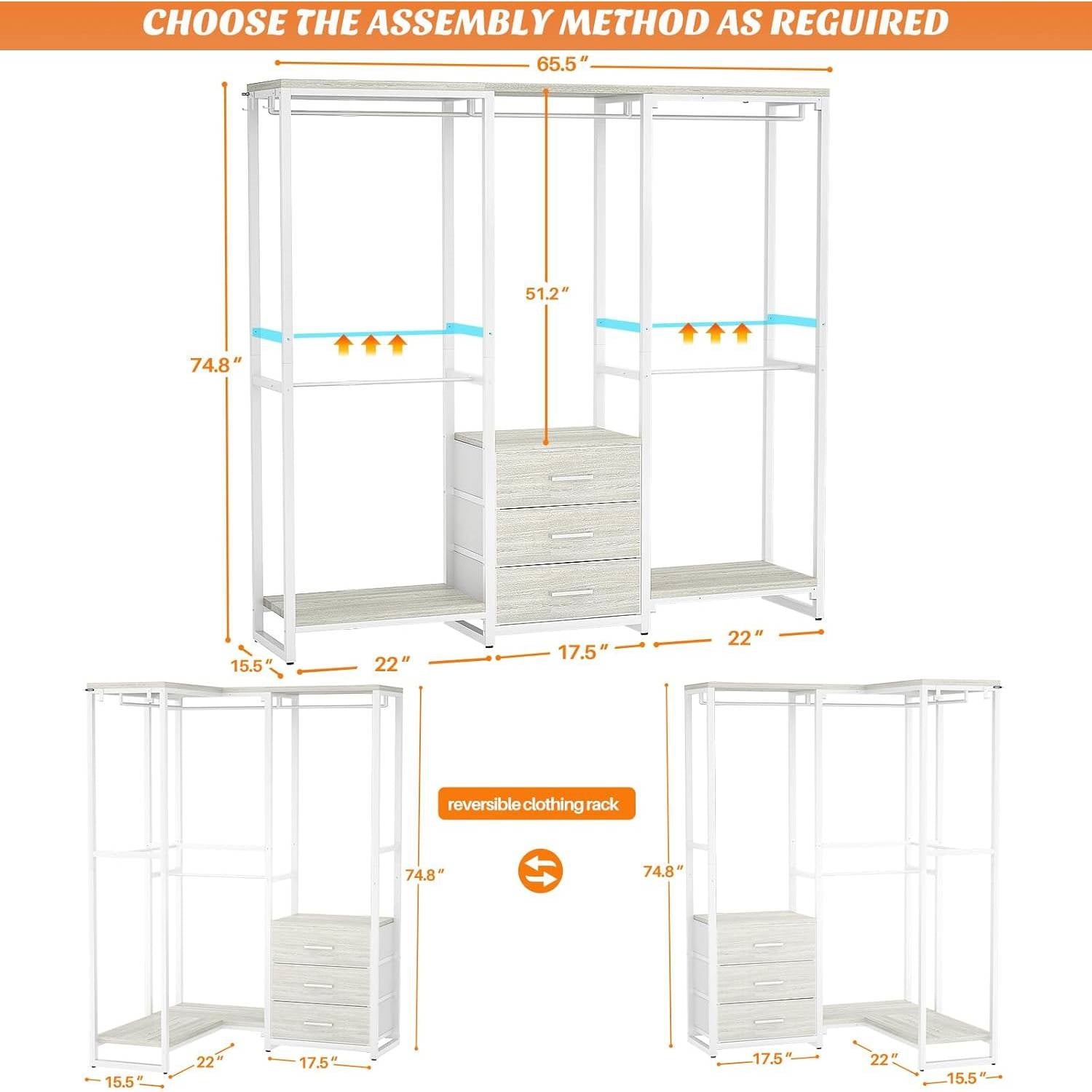 Heavy Duty White Metal Freestanding Garment Rack Closet Wardrobe with 3 Drawers showing dimensions and assembly options.