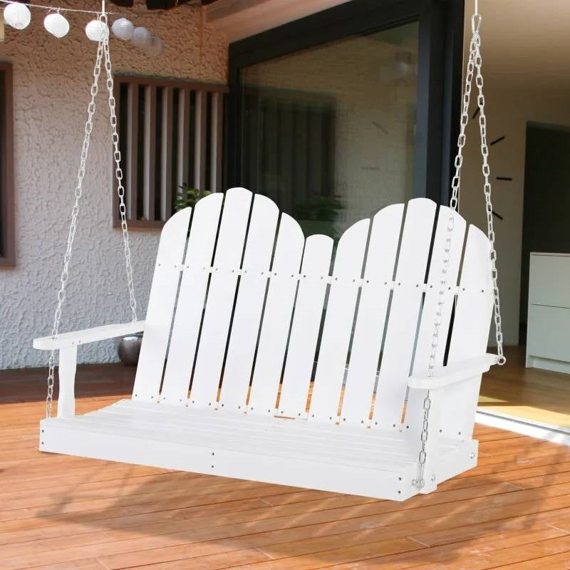 White Solid Wood 2-Seater Hanging Patio Porch Swing on wooden deck.