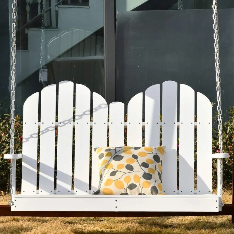 White Solid Wood 2-Seater Hanging Patio Porch Swing with cushion outdoors