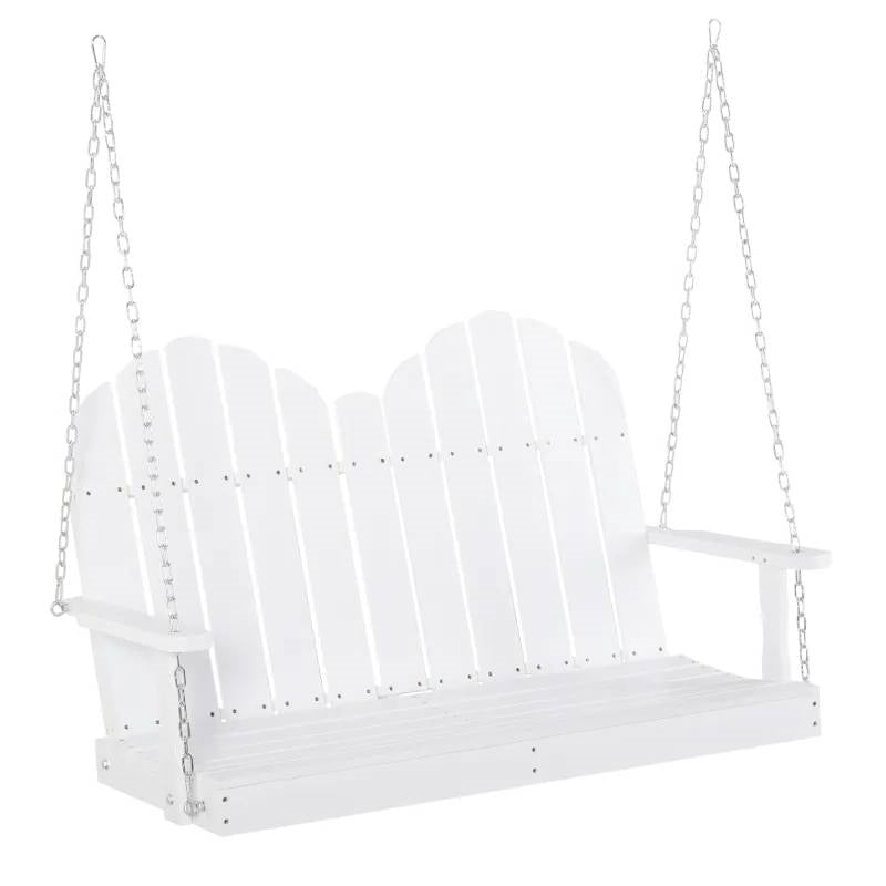 White Solid Wood 2-Seater Hanging Patio Porch Swing with wide armrests and tall backrest, suitable for outdoor relaxation.