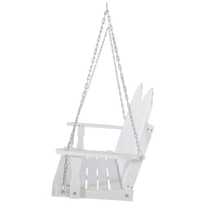 White Solid Wood 2-Seater Hanging Patio Porch Swing with chains and tall backrest, made for outdoor comfort and style.