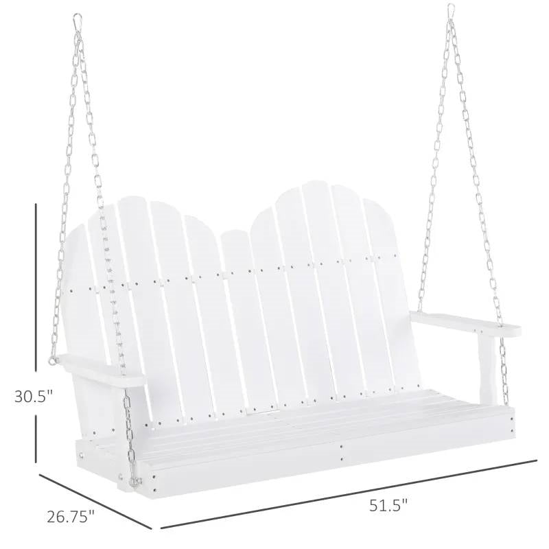 White Solid Wood 2-Seater Hanging Patio Porch Swing with dimensions displayed, highlighting wide armrests and tall backrest for comfort.