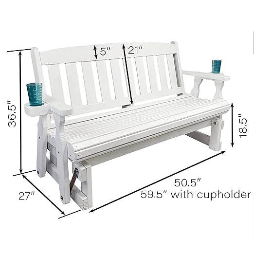 4ft Heavy Duty Amish Porch Glider Bench in White with Cupholders - Made in USA, dimensions labeled.