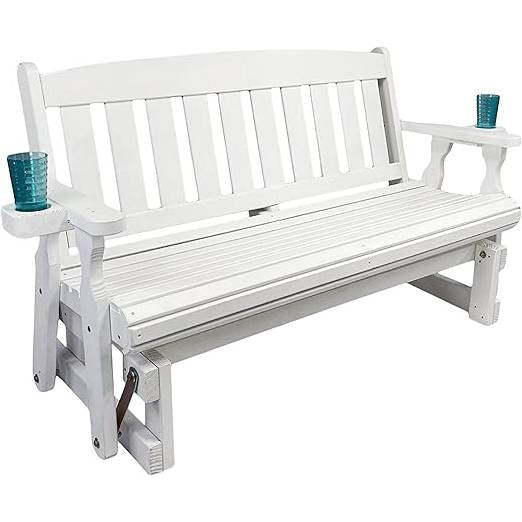 4ft Heavy Duty Amish Porch Glider Bench in White with Cupholders - Made in USA, handcrafted wooden patio furniture.