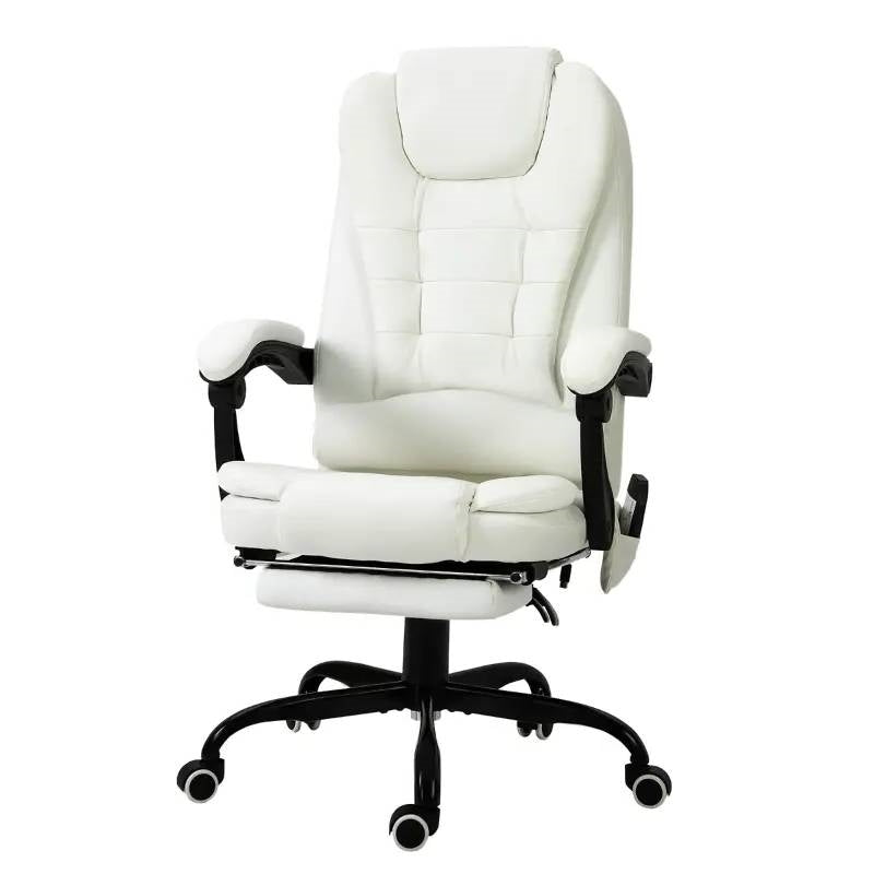 White 7 Mode Vibrating High Back Executive Massage Adjustable Office Chair with footrest and padded armrests.