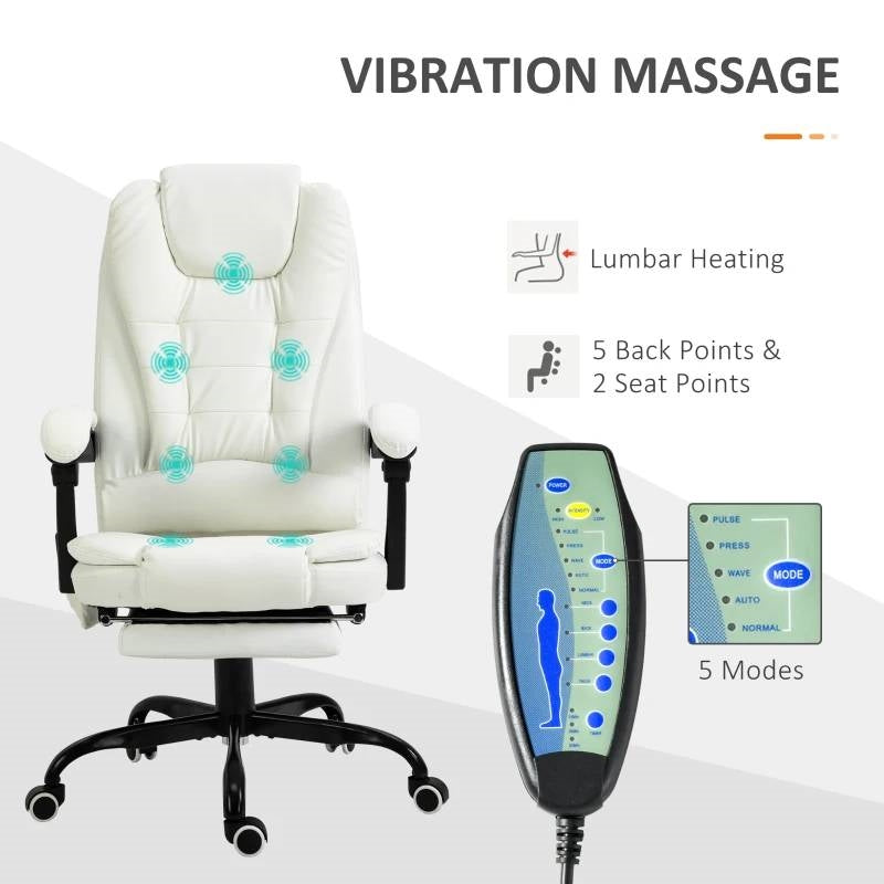 White 7 Mode Vibrating High Back Executive Massage Adjustable Office Chair with remote control display.