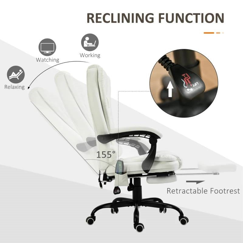 White 7 Mode Vibrating High Back Executive Massage Adjustable Office Chair with reclining function and retractable footrest
