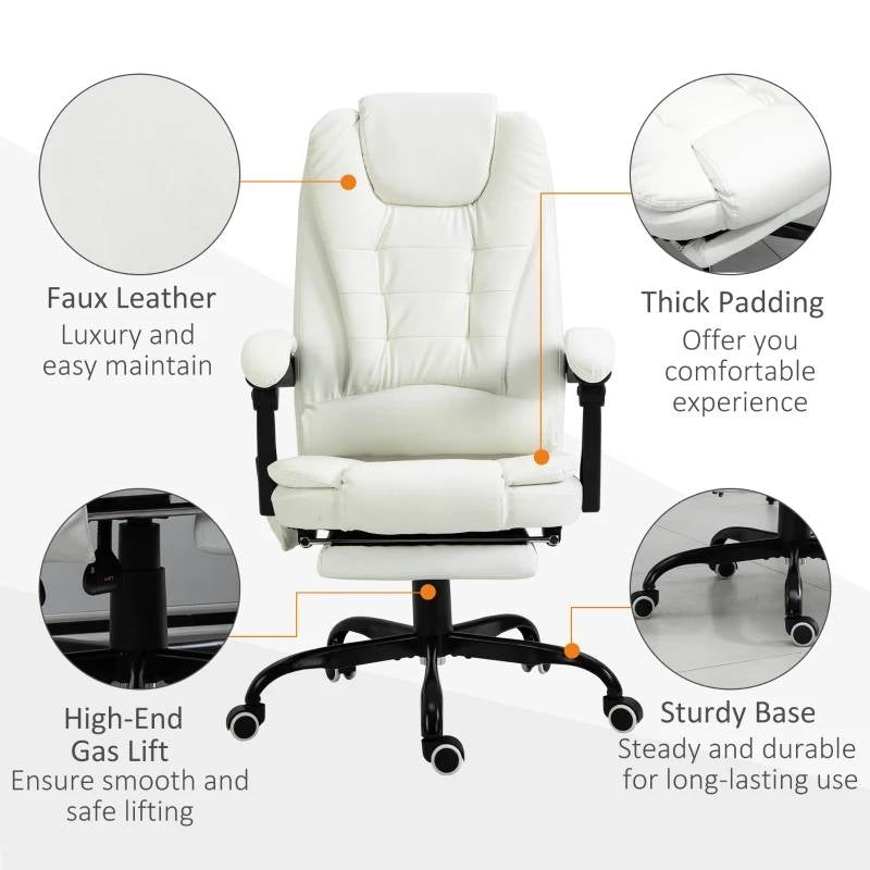 White 7 Mode Vibrating High Back Executive Massage Adjustable Office Chair with faux leather, thick padding, and sturdy base.