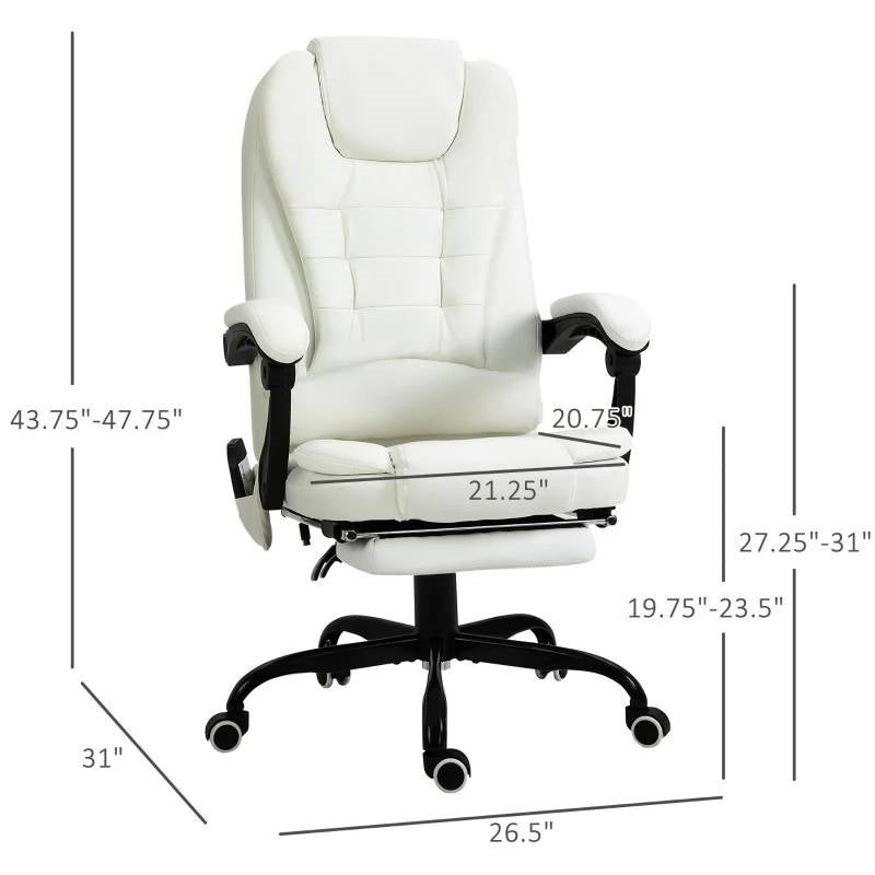 White 7 Mode Vibrating High Back Executive Massage Adjustable Office Chair with dimensions and ergonomic features.