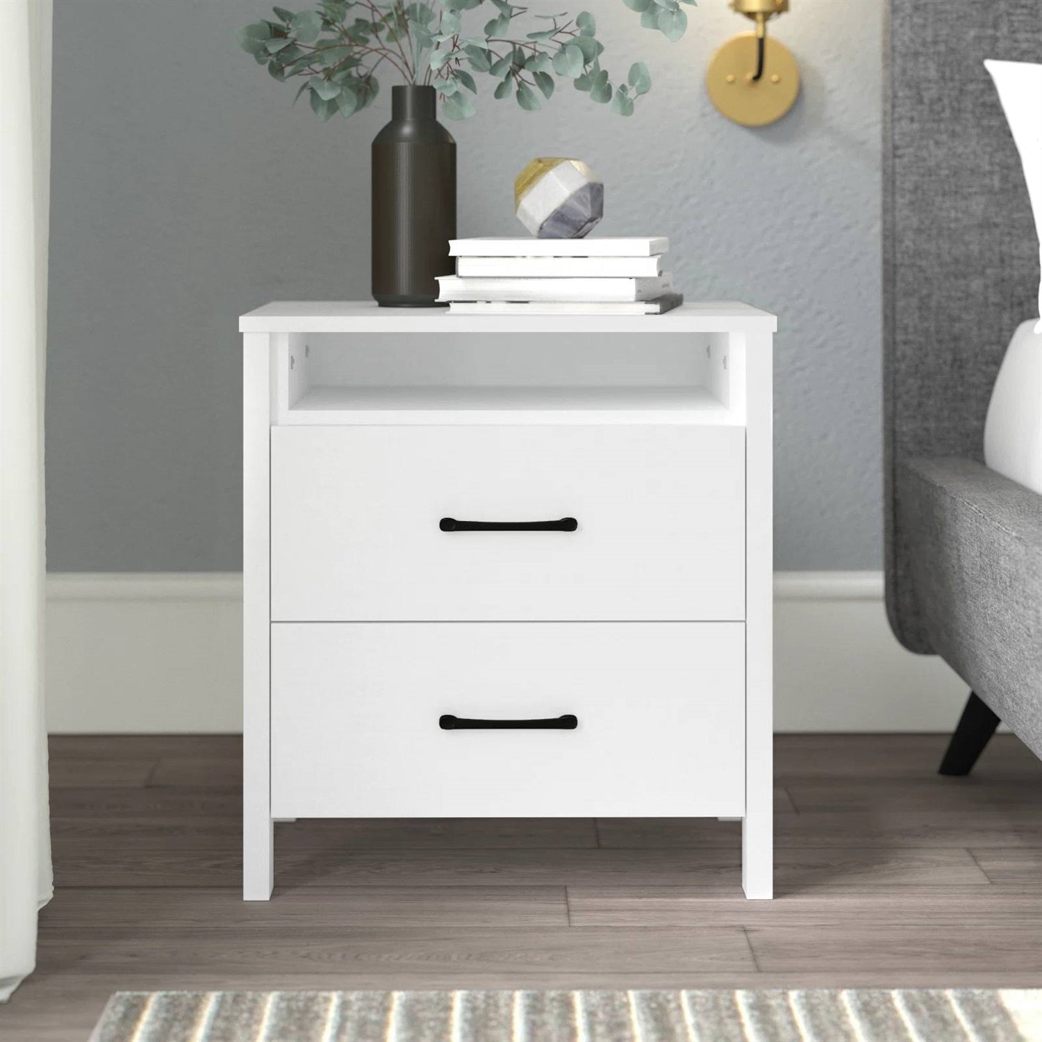 Modern 2-Drawer Bedside Table Nightstand in White Wood Finish with open shelf and two smooth-glide drawers in a bedroom setting.