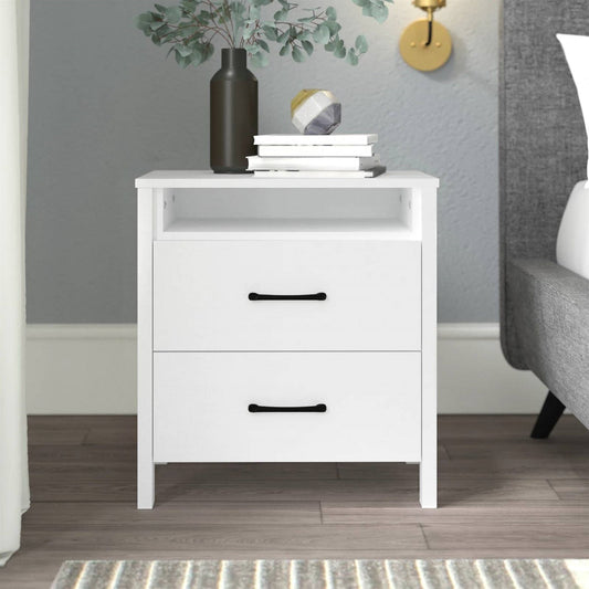 Modern 2-Drawer Bedside Table Nightstand in White Wood Finish with open shelf and two smooth-glide drawers in a bedroom setting.