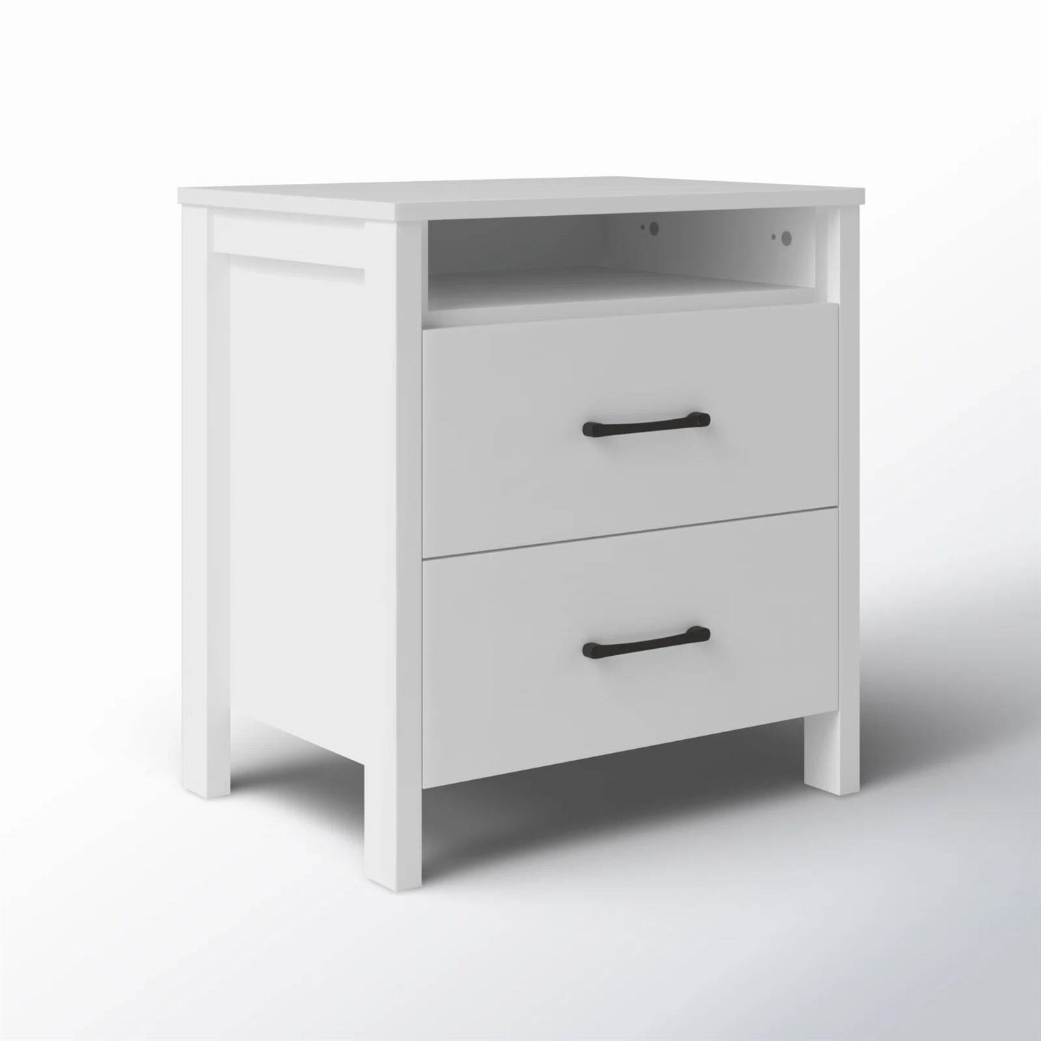 Modern 2-Drawer Bedside Table Nightstand in White Wood Finish with black handles and open shelf, ideal for contemporary bedrooms.