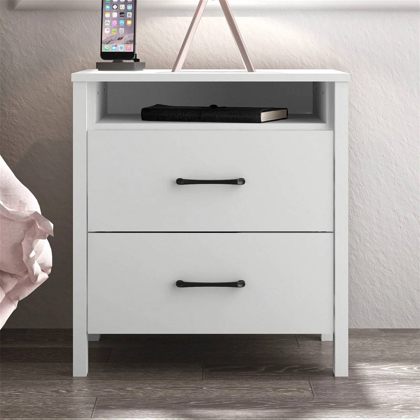 Modern 2-Drawer Bedside Table Nightstand in White Wood Finish with open shelf, black handles, and sleek legs on a wood floor.