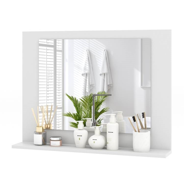 Rectangular Bathroom Wall Mirror with Storage Shelf and White Wood Frame featuring decorative items and essential toiletries.