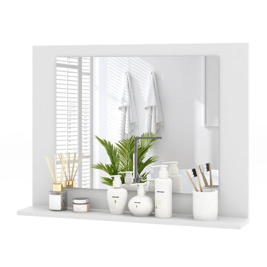 Rectangular Bathroom Wall Mirror with Storage Shelf and White Wood Frame featuring decorative items and essential toiletries.