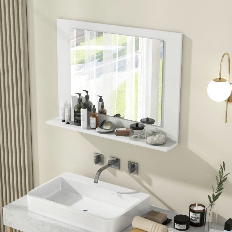 Rectangular Bathroom Wall Mirror with Storage Shelf and White Wood Frame above sink with toiletries