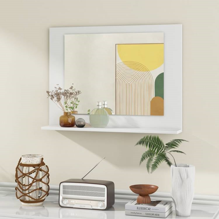 Rectangular Bathroom Wall Mirror with Storage Shelf and White Wood Frame displayed with decor items and modern accessories