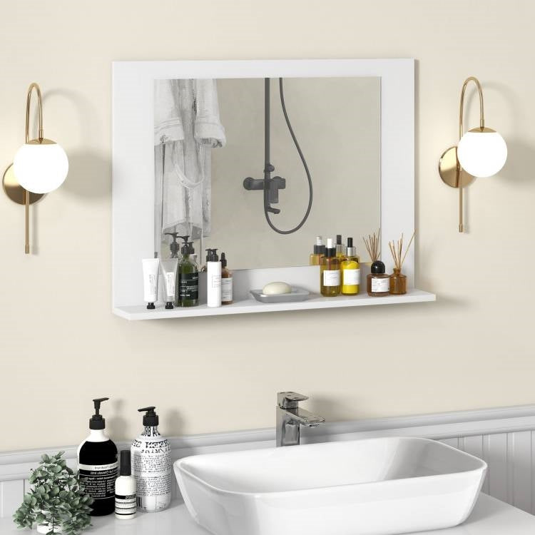 Rectangular Bathroom Wall Mirror with Storage Shelf and White Wood Frame above sink with decor items displayed